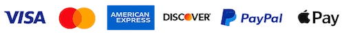 cards accepted Visa, Mastercard, American Express, Discover Paypal and Apple Pay